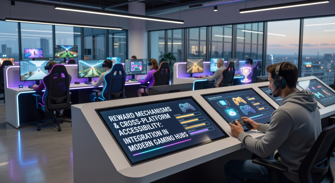Moderne Gaming-Hubs mit integrierten Belohnungssystemen und plattformübergreifendem Zugriff zeigen nahtlose Verbindungen zwischen Desktop- und Mobilgeräten