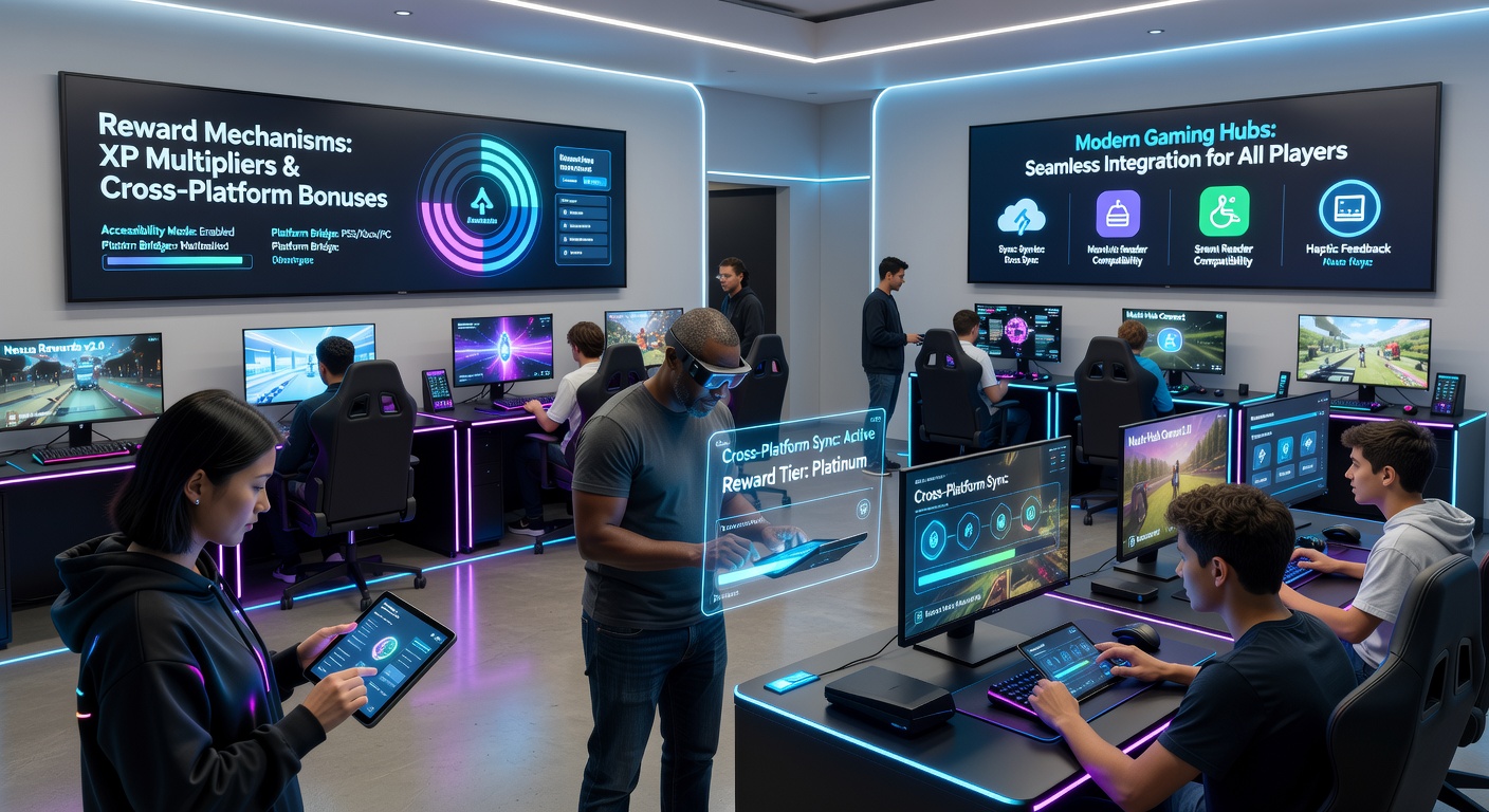Darstellung von Cross-Platform-Funktionen in Gaming-Hubs mit Belohnungsverfolgung über verschiedene Geräte hinweg