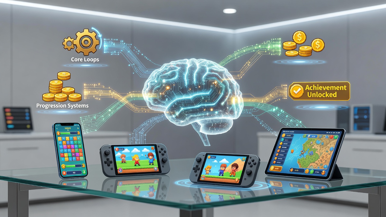 Diagramm mit Pfeilen zwischen Spielsymbolen und Gehirnregionen auf Tablet-Display